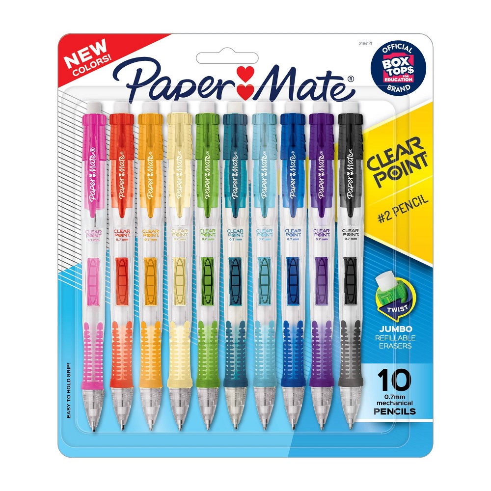 Paper Mate Clear Point 10pk #2 Mechanical Pencils 0.7mm Multicolored: Plastic, Eraser, Art & Stationery, Ages 3+ - Bellso